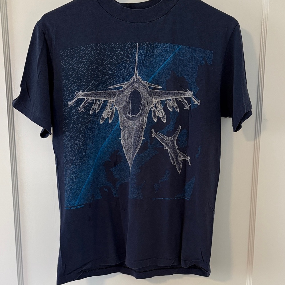 Vintage Blackbird F-16 Falcon Fighter Jet T-Shirt Single Stitch Navy Blue M
